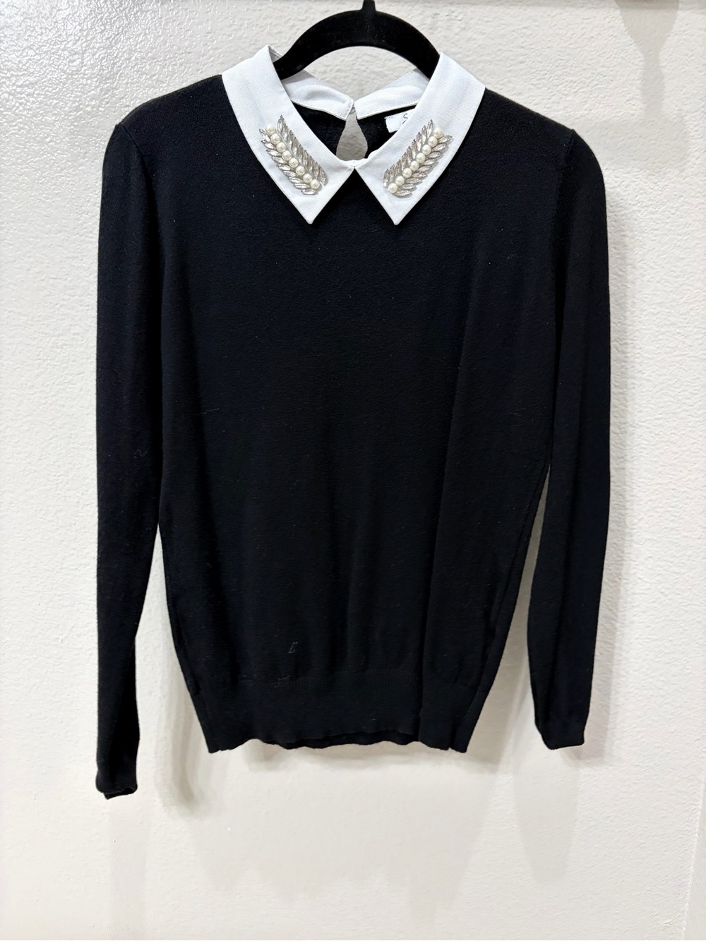Milano Black Sweater with White Embellished Collar
